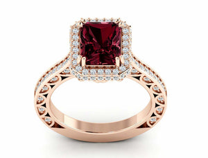 2.5ct Emerald Cut Red Garnet Halo Solitaire with Accent Ring 14k RoseGold Finish