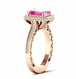 2.5ct Emerald Pink Sapphire Halo Solitaire with Accent Ring 14k Rose Gold Finish