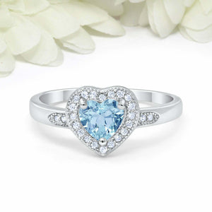 2ct Heart Cut Blue Aquamarine Engagement Ring Milgrain Halo 14k WhiteGold Finish