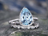 2.7Ct Pear Cut Blue Aquamarine Bridal Set Vintage Band 14K White Gold Finish