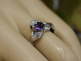 1.1ct Heart Cut Purple Amethyst Engagement Ring Claddagh 14k White Gold Finish