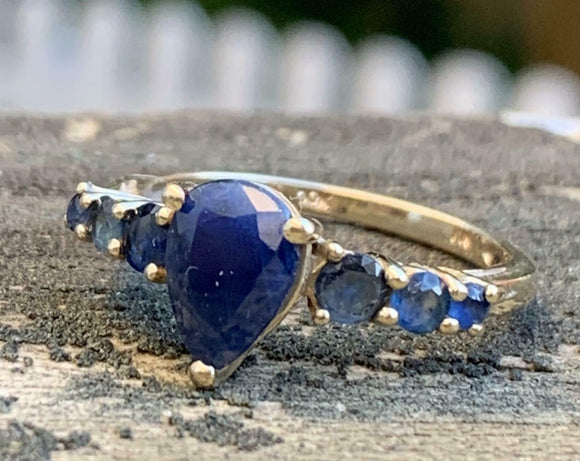 2.5ct Pear Cut Blue Sapphire Solitaire with Accent Ring 14k Yellow Gold Finish