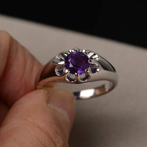 1ct Round Purple Amethyst Floral Solitaire Engagement Ring 14k White Gold Finish