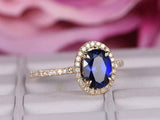 1.6ct Oval Cut Blue Sapphire Diamond Accents Halo Ring 14k Yellow Gold Finish