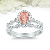 2.5ct Oval Peach Morganite Engagement Ring Bridal Set Halo 14k White Gold Finish