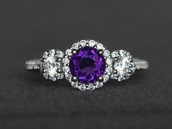 2ct Round Cut Purple Amethyst Engagement Ring 14k White Gold Finish Halo Trilogy