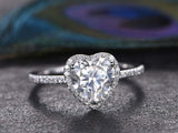 1.5ct Heart Cut Diamond Solitaire Ring 14k White Gold Finish wtih Round Accents