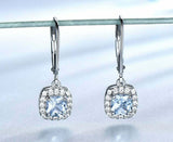 2ct Drop Earrings Cushion Cut Blue Aquamarine Diamond Halo 14k White Gold Finish