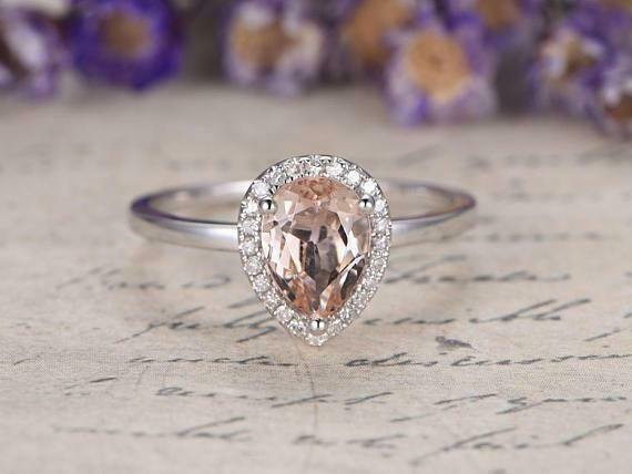 1.2ct Pear Cut Peach Morganite Engagement Ring 14k White Gold Finish Halo Women