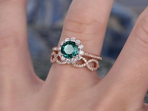 3Ct Round Cut Green Emerald Bridal Set Halo Floral Ring Band 14K Rose Gold Over