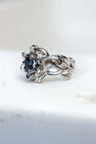 1ct Round Blue Sapphire Engagement Ring Flower Leaf Solitaire 14k WhiteGold Over