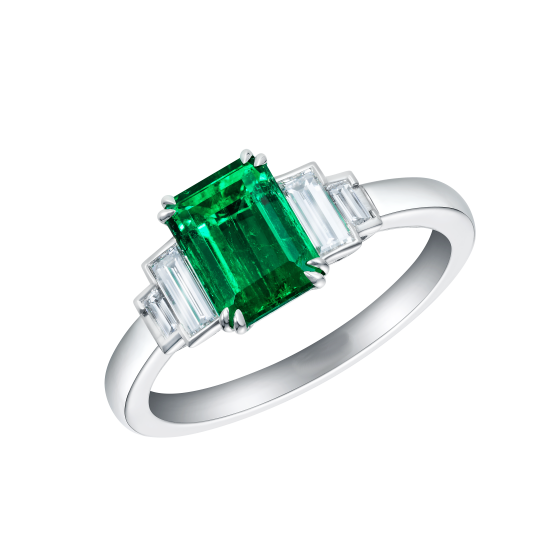 3Ct Green Emerald Solitaire Engagement Ring 14K White Gold Over Baguette Accents