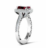 2.5ct Emerald Cut Red Garnet Halo Solitaire with Accent Ring 14k White Gold Over