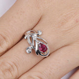 1.2ct Pear Pink Ruby Engagement Ring Flower Feather Design 14k White Gold Finish