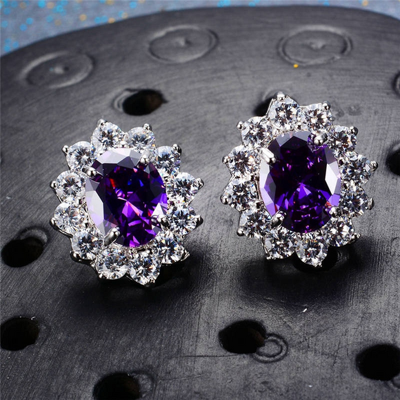 2.3ct Oval Cut Purple Amethyst Flower Solitaire Stud Earrings 14k WhiteGold Over