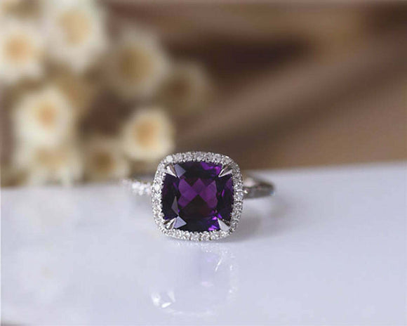 1.5ct Cushion Cut Purple Amethyst Engagement Ring Halo Design 14k WhiteGold Over