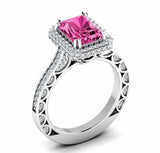 2.5ct Emerald Pink Sapphire Halo Solitaire with Accent Ring 14k WhiteGold Finish