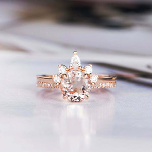 1.6ct Round Cut Morganite Engagement Ring Crown Bridal Set 14k Rose Gold Finish