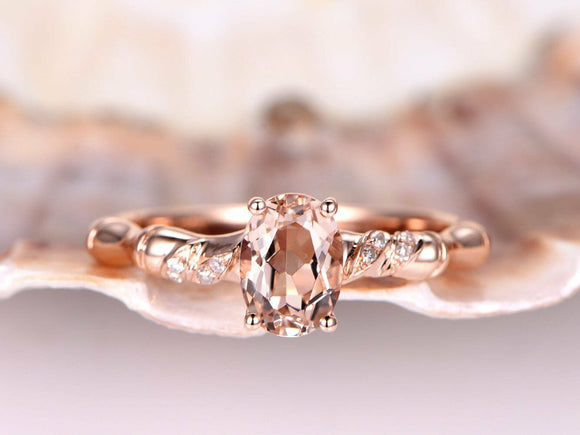 1ct Oval Cut Peach Morganite Bamboo Design Engagement Ring 14k Rose Gold Finish