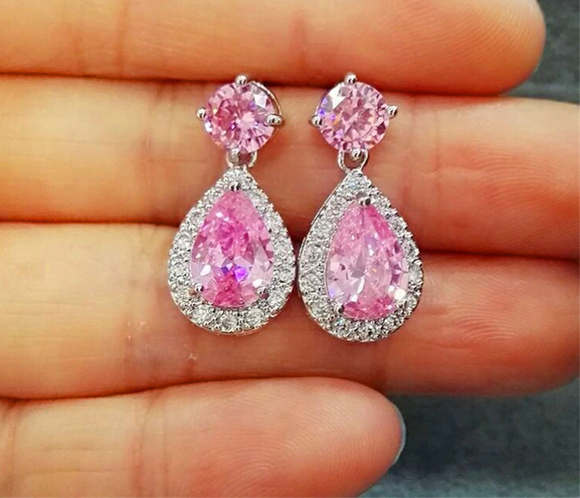 2.3ct Pear Cut Pink Sapphire Halo Solitaire Drop Earrings 14k White Gold Finish