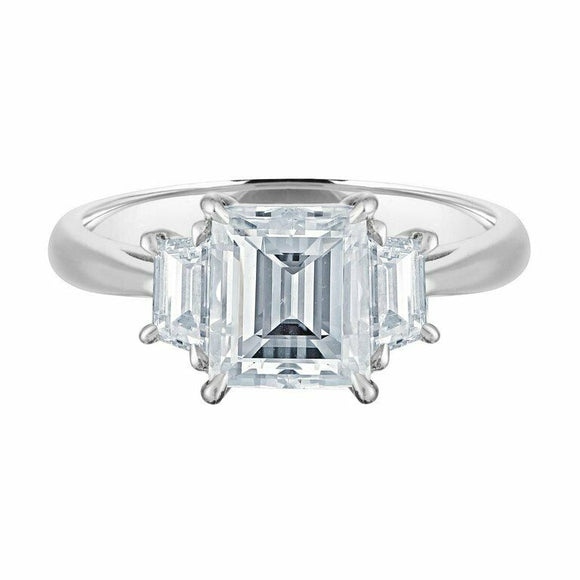 3ct Emerald Cut Diamond Unique Trilogy Engagement Ring 14k White Gold Finish