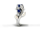 1.5ct Round Cut Blue Sapphire Engagement Ring Leaf Solitaire 14k White Gold Over