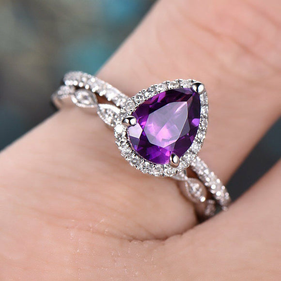 2Ct Pear Purple Amethyst Bridal Set Vintage Engagement Ring 14K White Gold Over