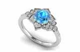 2.2ct Round Cut Blue Aquamarine Flower Milgrain Halo Ring 14k White Gold Finish