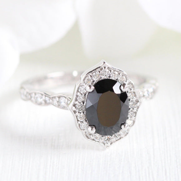 Vintage Floral Engagement Ring 1.2ct Oval Cut Black Diamond 14k White Gold Over