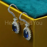 2ct Oval Simulated Sapphire Halo Fish Hook Drop Earrings 14k White Gold Plated