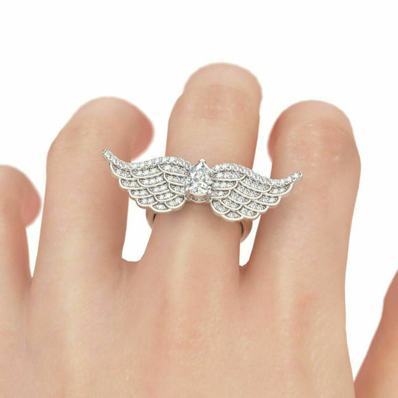 3.5Ct Pear Cut Diamond Angel Wings Design Engagement Ring 14K White Gold Finish