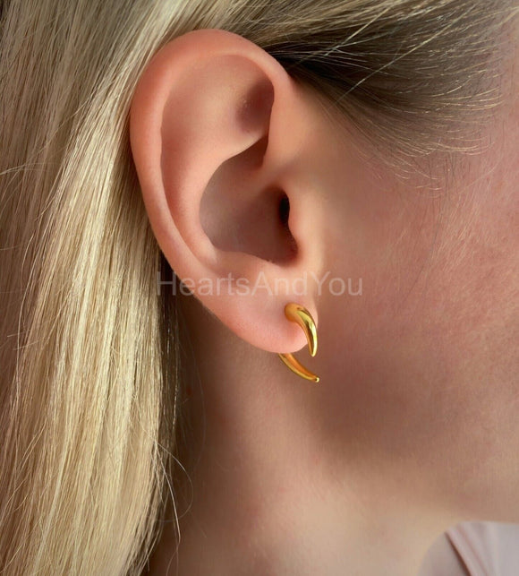 Ear Jacket Horn Double Sided Drop Earrings 14k Yellow Gold Plated