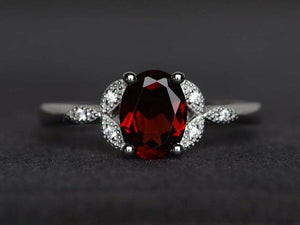 1.2ct Oval Cut Red Garnet Engagement Ring 14k White Gold Finish Accent Solitaire