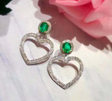 1.5ct Drop Earrings Round Cut Green Emerald Stylish Heart 14k White Gold Finish