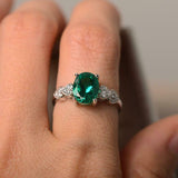 2ct Oval Cut Green Emerald Heart Shape Diamond Accents Ring 14k WhiteGold Finish