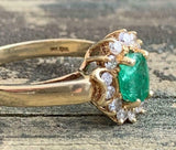 3ct Engagement Ring Oval Cut Emerald Vintage Inspired Halo 14k YellowGold Finish