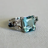 3Ct Emerald Cut Blue Aquamarine Art Deco Engagement Ring 14K White Gold Finish