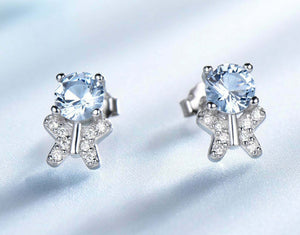 2ct Stud Earrings Round Cut Blue Aquamarine Butterfly Teddy 14k WhiteGold Finish