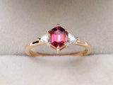 1ct Engagement Ring Hexagon Cut Pink Ruby Minimalist Trilogy 14k YellowGold Over