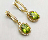 2.1ct Drop Earrings Oval Cut Green Peridot Diamond Halo 14k Yellow Gold Finish