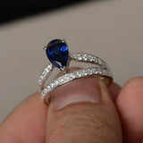 1.5ct Pear Cut Blue Sapphire Crown Design Engagement Ring 18k White Gold Finish