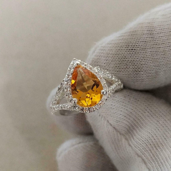 2ct Engagement Ring Pear Cut Yellow Citrine Split Shank Halo 14k White Gold Over