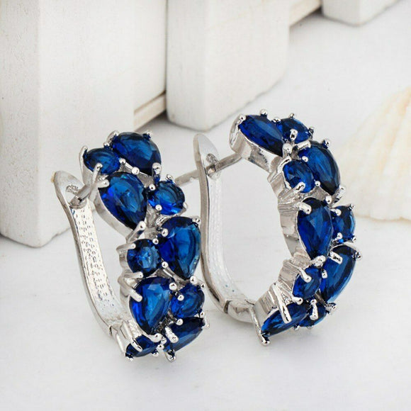 2.5ct Pear Cut Blue Sapphire Vintage Wedding Hoop Earrings 14k White Gold Finish