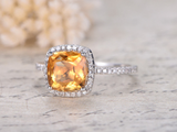 1.7ct Cushion Cut Yellow Citrine Engagement Ring Diamond Halo 14k WhiteGold Over