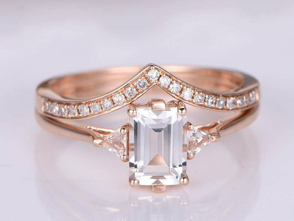 Bridal Set Engagement Ring 1ct Emerald Cut VVS1D Diamond 14k Rose Gold Finish