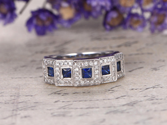 2.5ct Princess Blue Sapphire Diamond Halo Half Eternity Band 14k White Gold Over