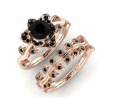 Floral Bridal Set Engagement Ring 2ct Round Cut Black Diamond 14k Rose Gold Over