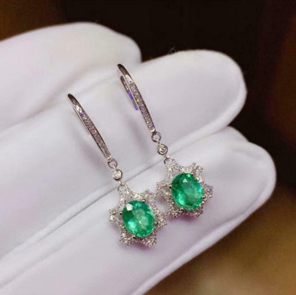 2ct Dangle Earrings Oval Cut Green Emerald Starry Dangling 14k White Gold Finish