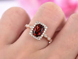 2ct Elongated Cushion Cut Red Garnet Engagement Ring Halo 14k Rose Gold Finish