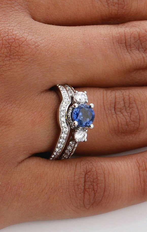 3.3ct Round Cut Blue Sapphire Bridal Set Trilogy Ring Band 14k White Gold Finish